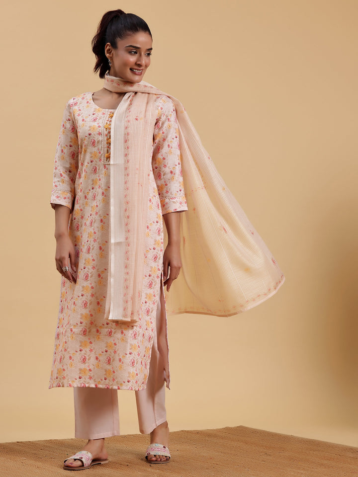 Peach Printed Cotton Straight Suit With Dupatta