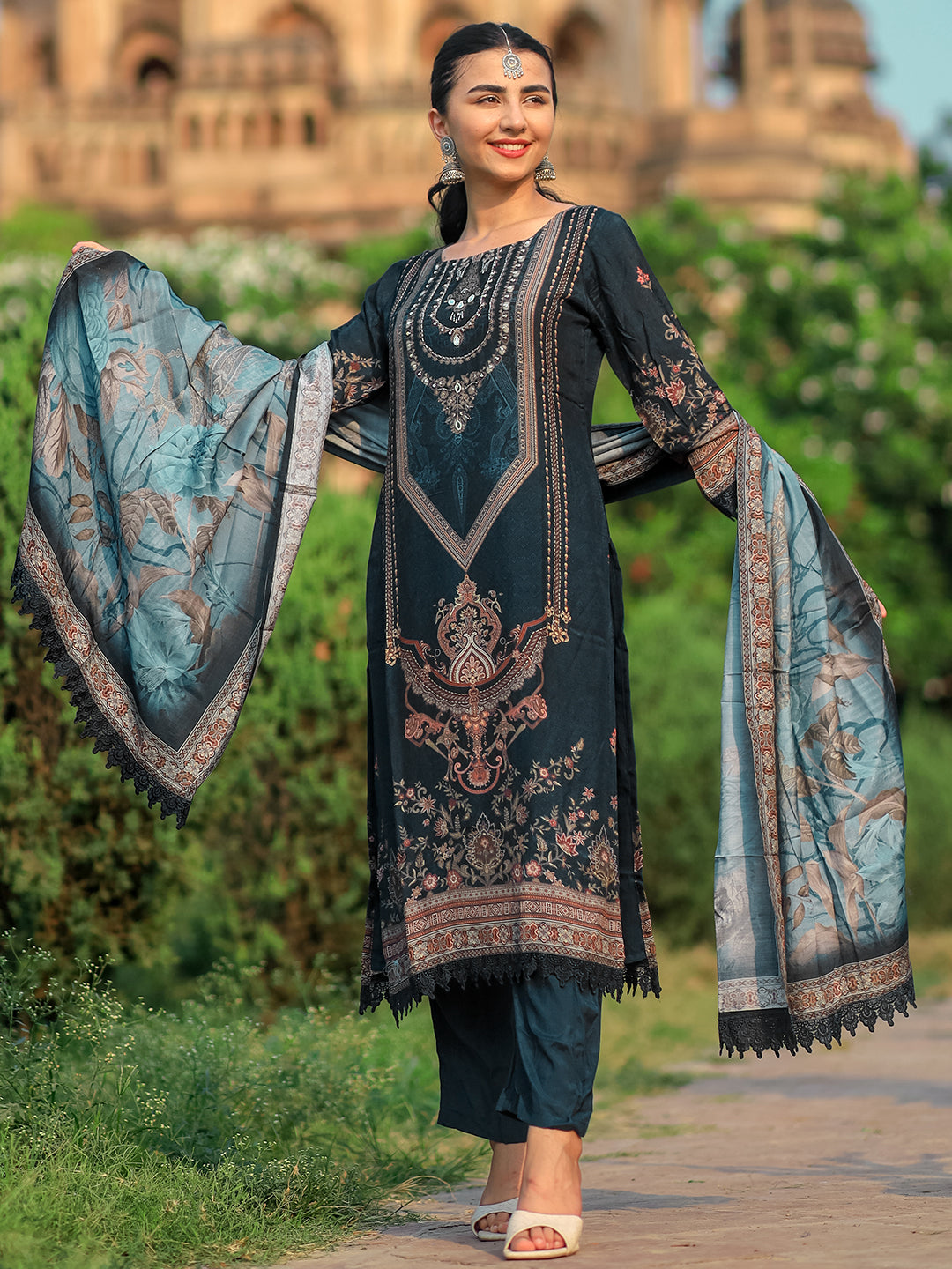 Blue Printed Silk Blend Straight Suit With Dupatta