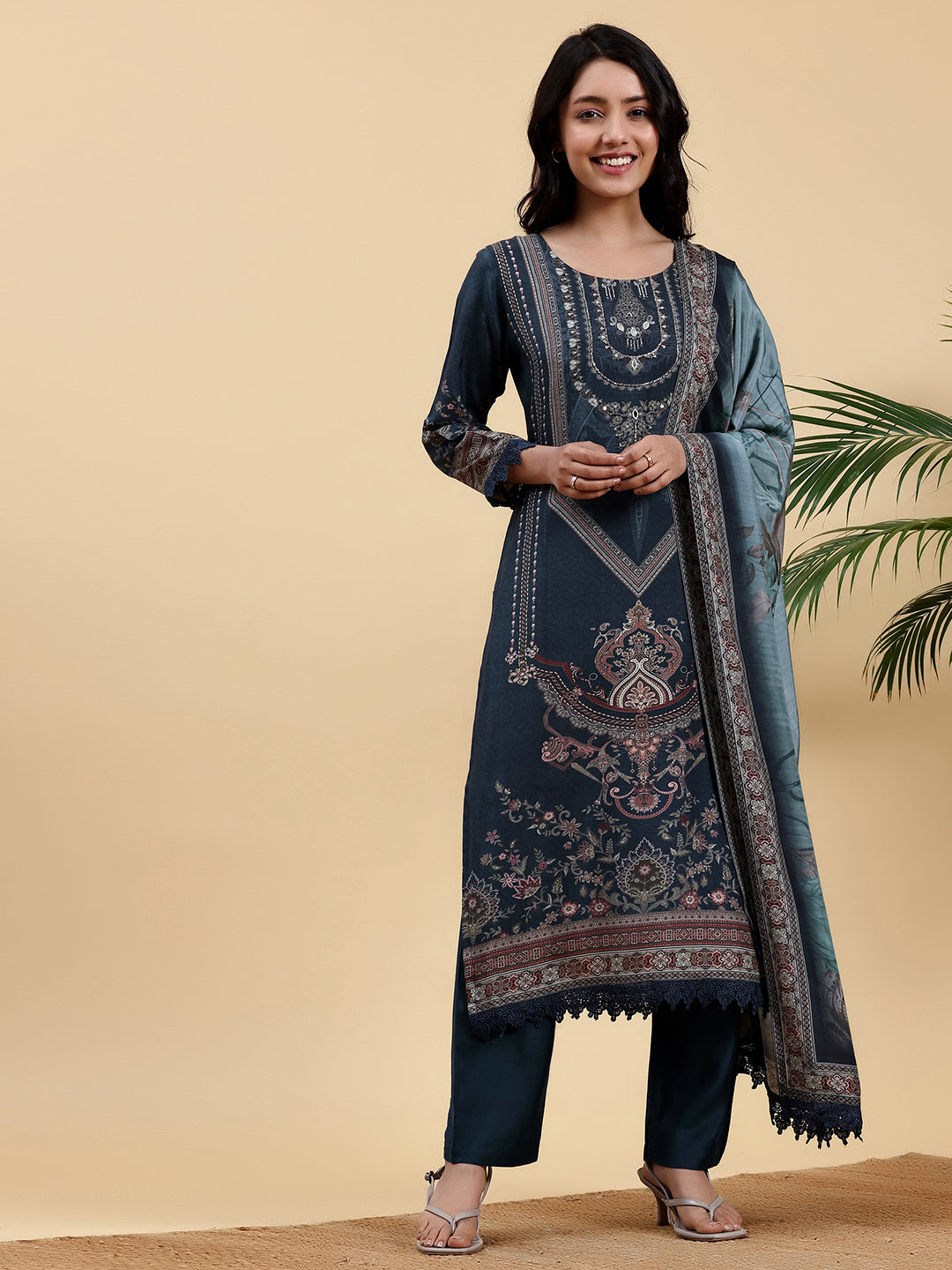 Blue Printed Silk Blend Straight Suit With Dupatta