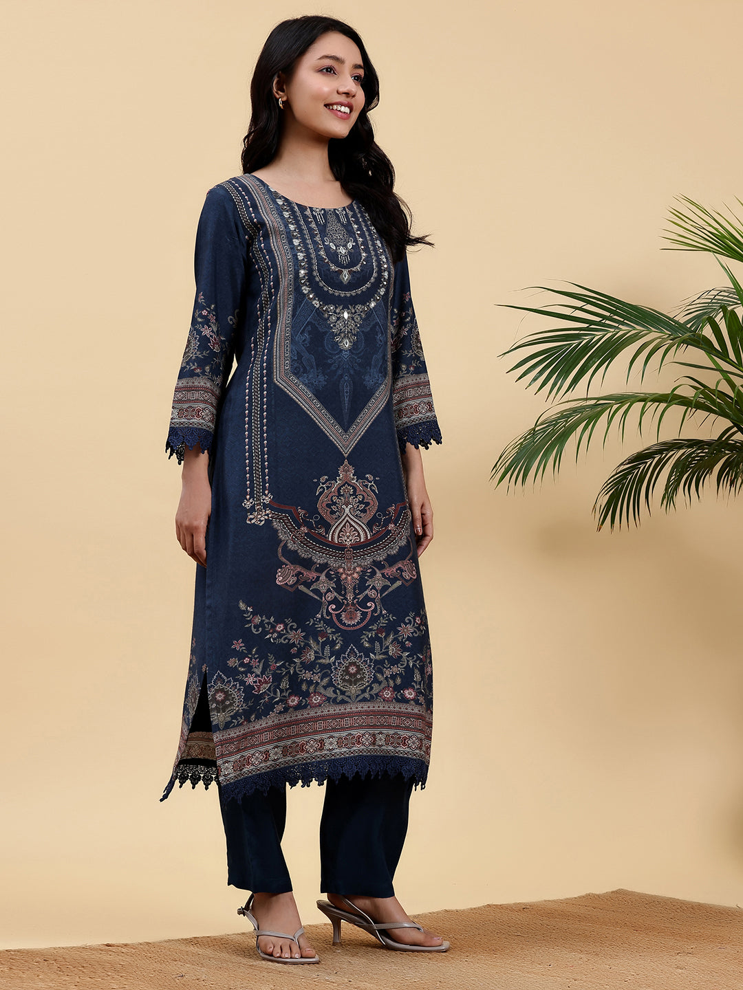 Blue Printed Silk Blend Straight Suit With Dupatta