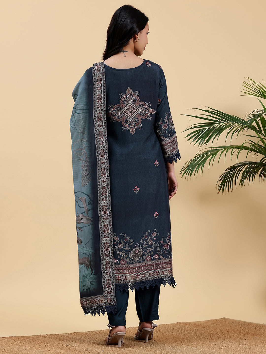 Blue Printed Silk Blend Straight Suit With Dupatta