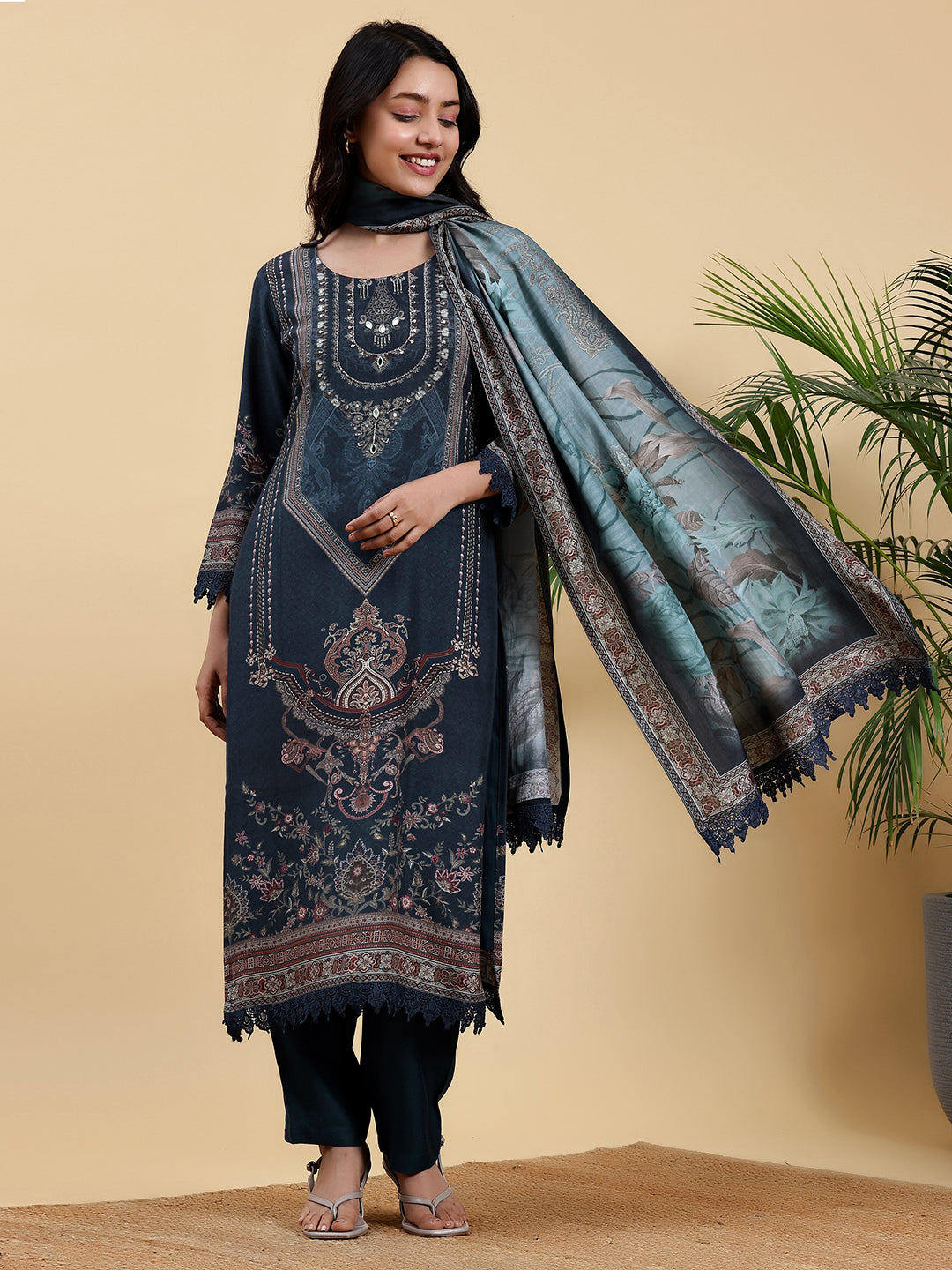 Blue Printed Silk Blend Straight Suit With Dupatta