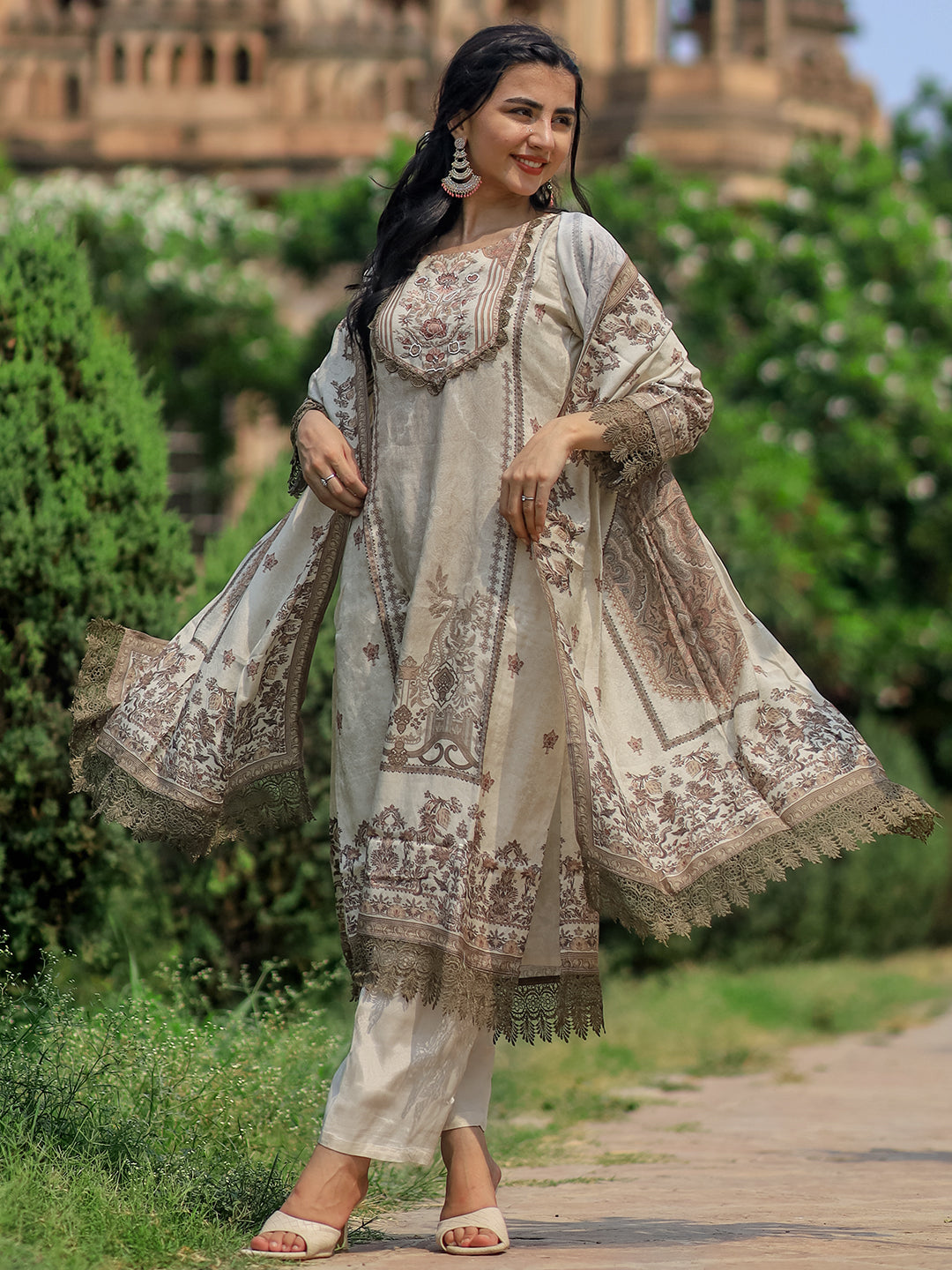 Beige Printed Silk Blend Straight Suit With Dupatta