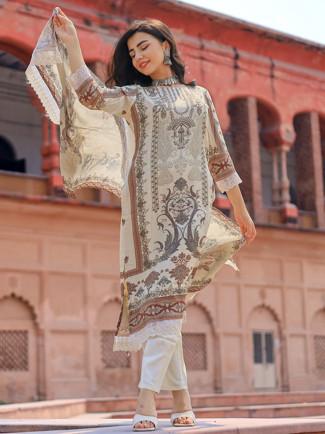 Ivory Printed Silk Blend Straight Suit With Dupatta