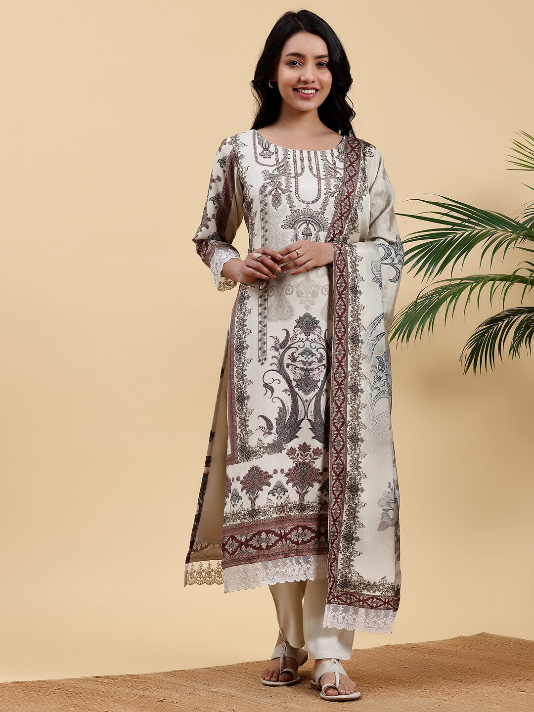 Ivory Printed Silk Blend Straight Suit With Dupatta