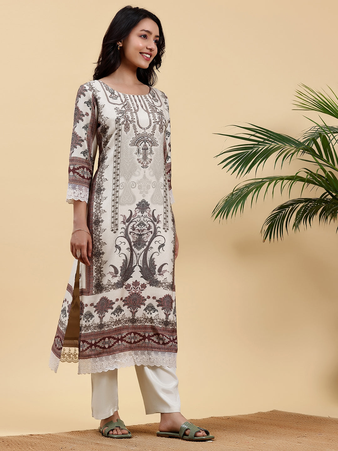 Ivory Printed Silk Blend Straight Suit With Dupatta