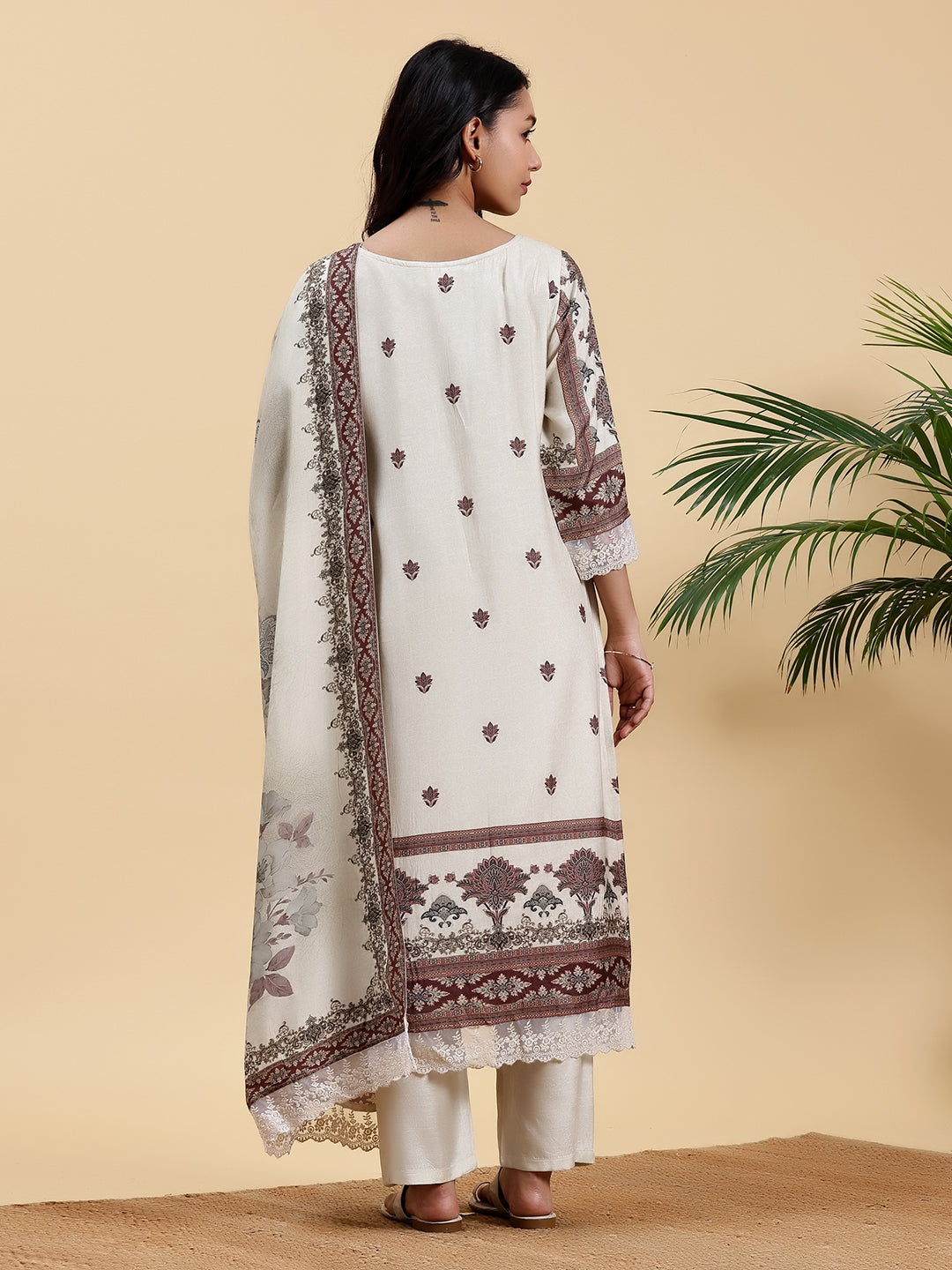 Ivory Printed Silk Blend Straight Suit With Dupatta