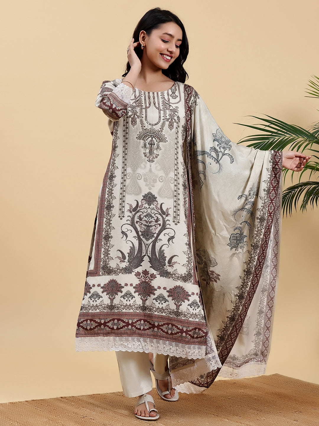 Ivory Printed Silk Blend Straight Suit With Dupatta