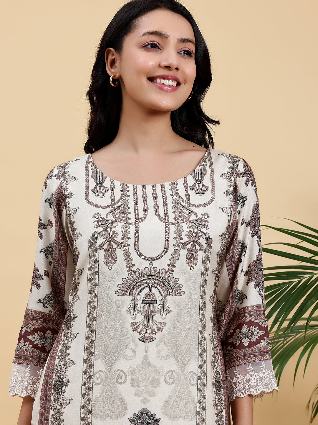 Ivory Printed Silk Blend Straight Suit With Dupatta