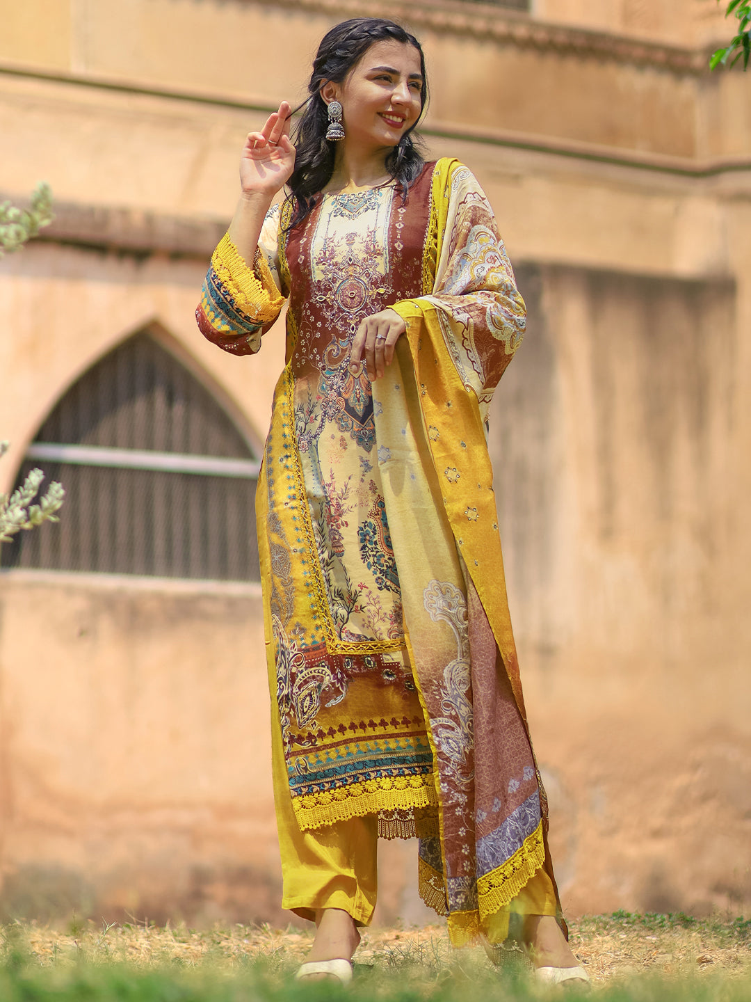 Mustard Printed Silk Blend Straight Suit With Dupatta