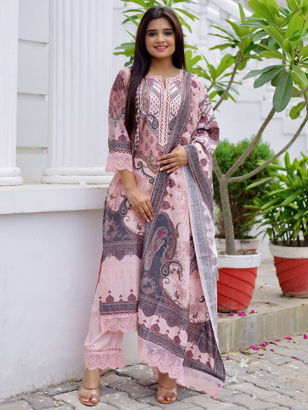 Pink Printed Silk Blend Straight Suit With Dupatta