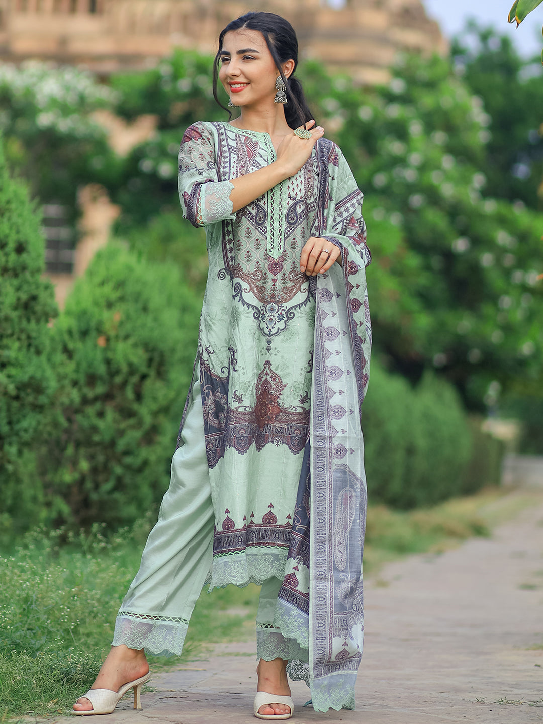 Green Printed Silk Blend Straight Suit With Dupatta