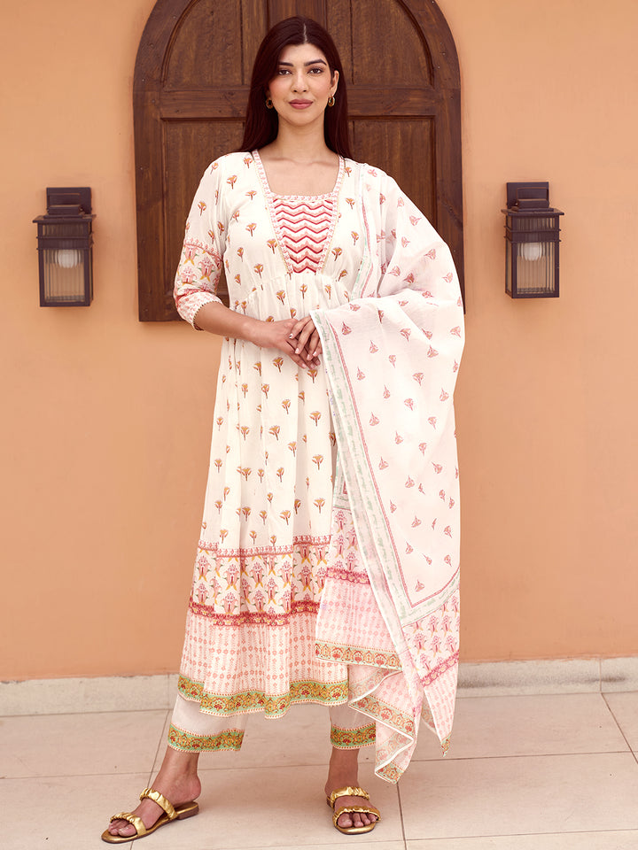 Off White Printed Cotton Anarkali Suit With Dupatta