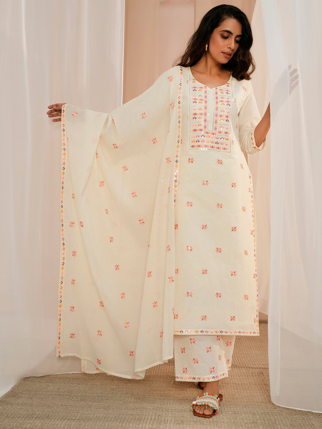 Off White Embroidered Cotton Straight Suit With Dupatta