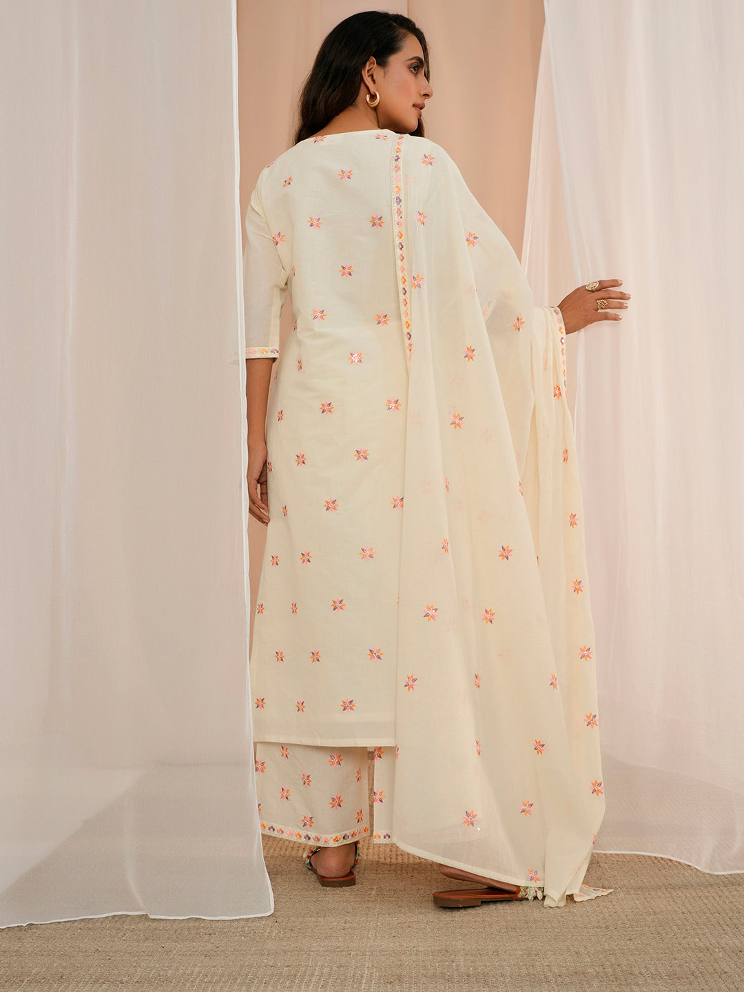 Off White Embroidered Cotton Straight Suit With Dupatta