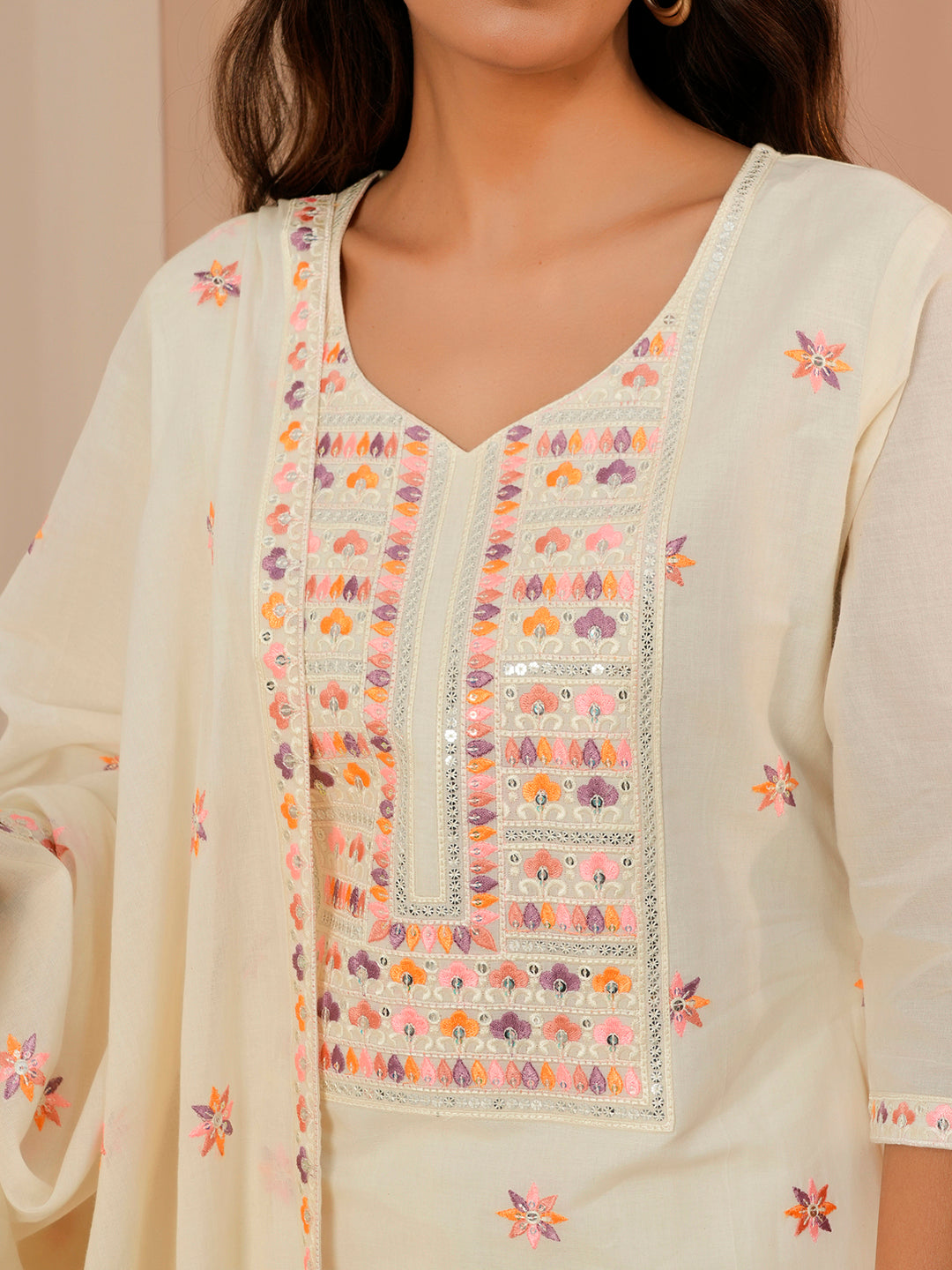 Off White Embroidered Cotton Straight Suit With Dupatta