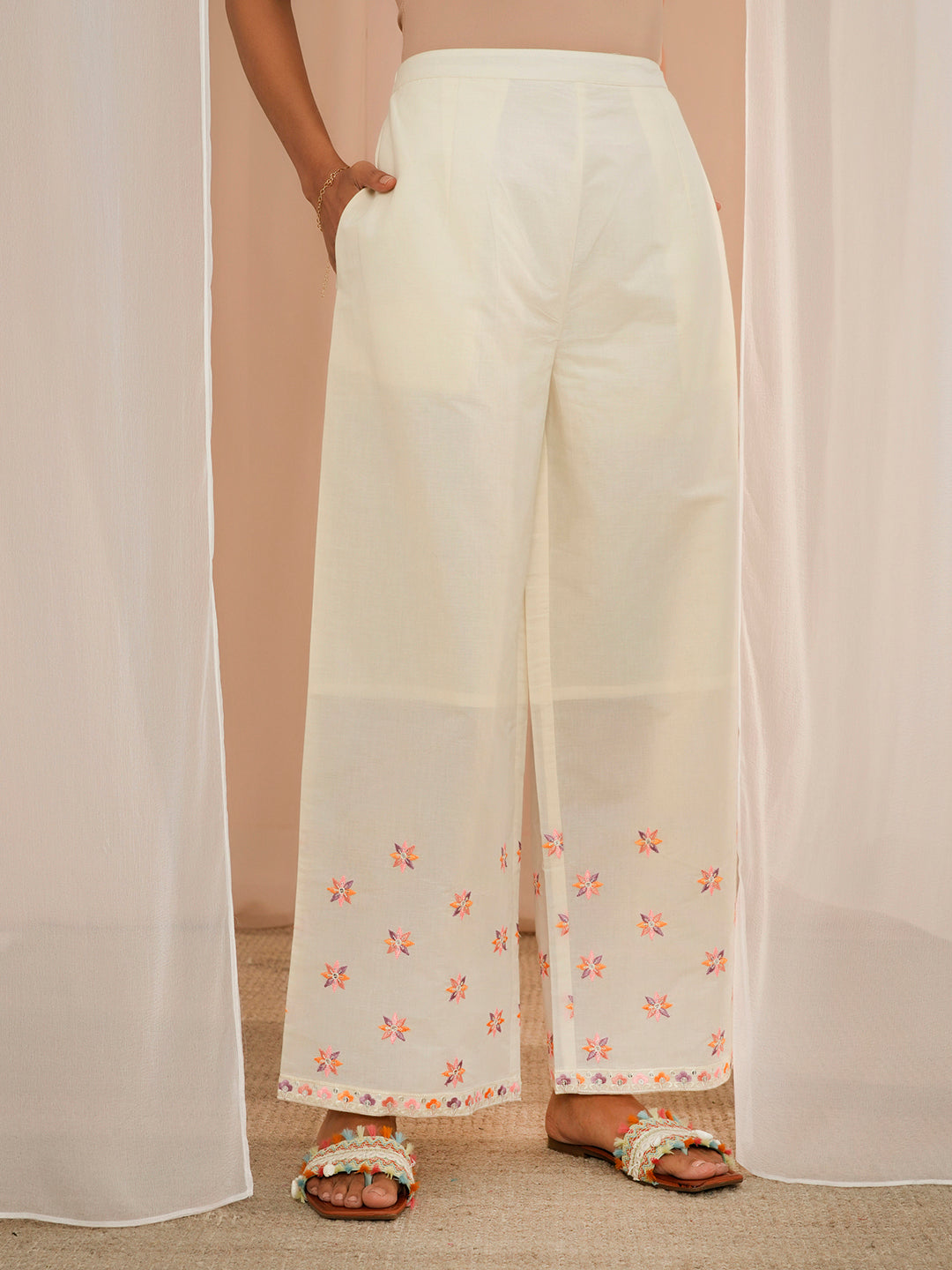 Off White Embroidered Cotton Straight Suit With Dupatta