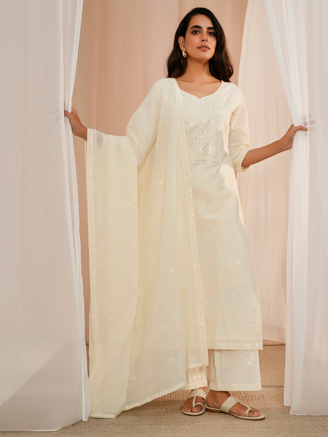 Off White Embroidered Cotton Straight Suit With Dupatta