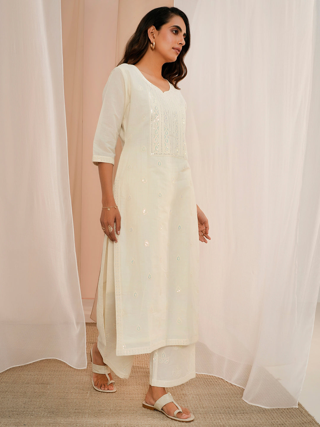 Off White Embroidered Cotton Straight Suit With Dupatta