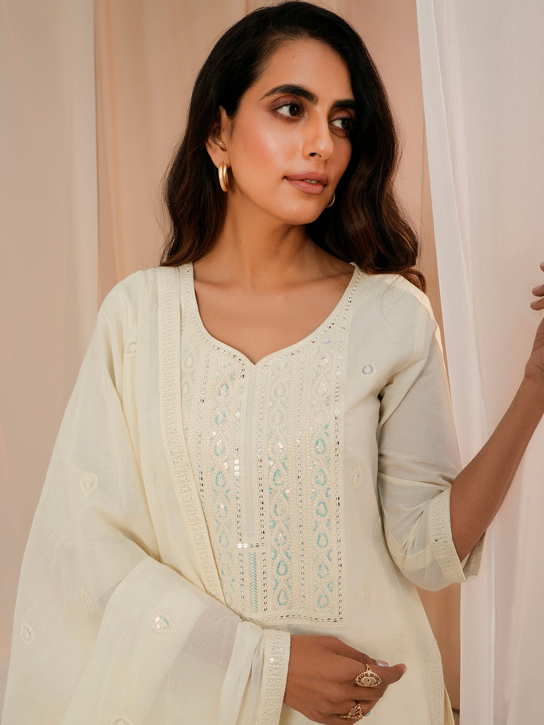 Off White Embroidered Cotton Straight Suit With Dupatta