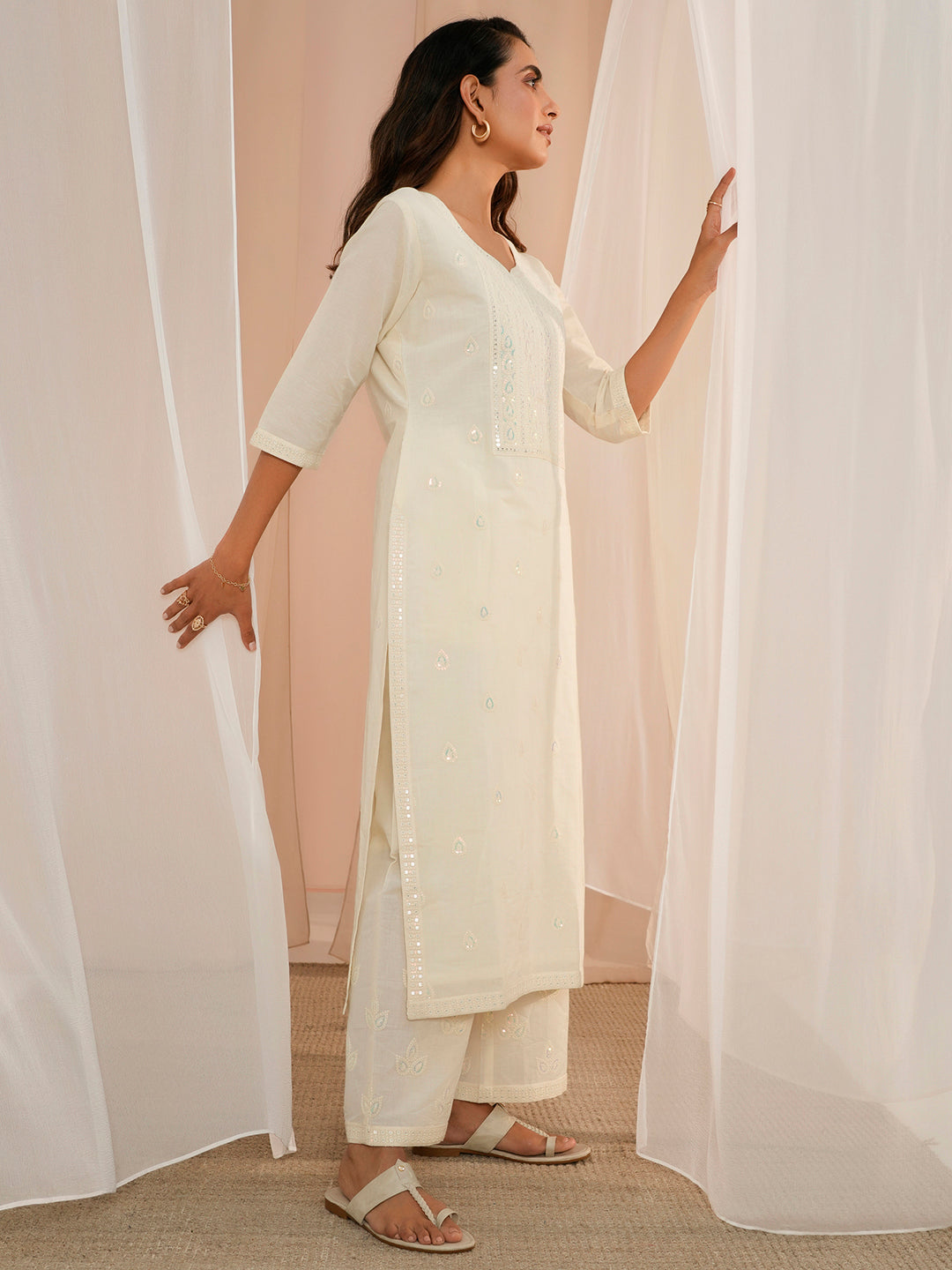 Off White Embroidered Cotton Straight Suit With Dupatta