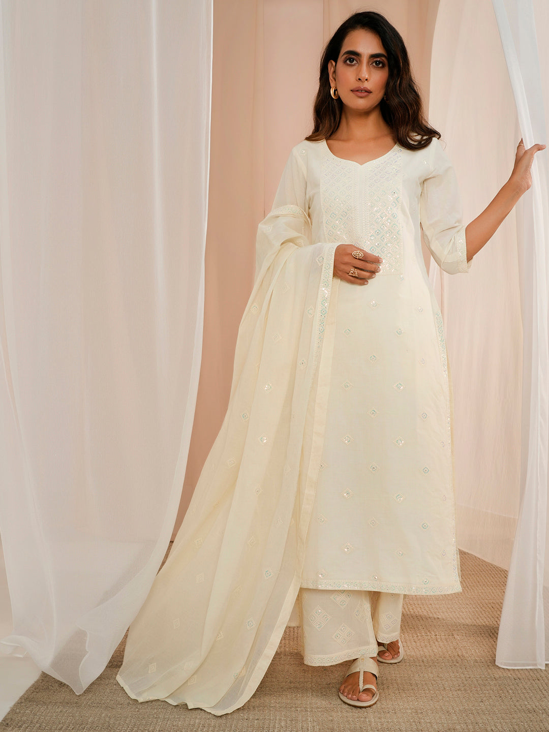 Off White Embroidered Cotton Straight Suit With Dupatta