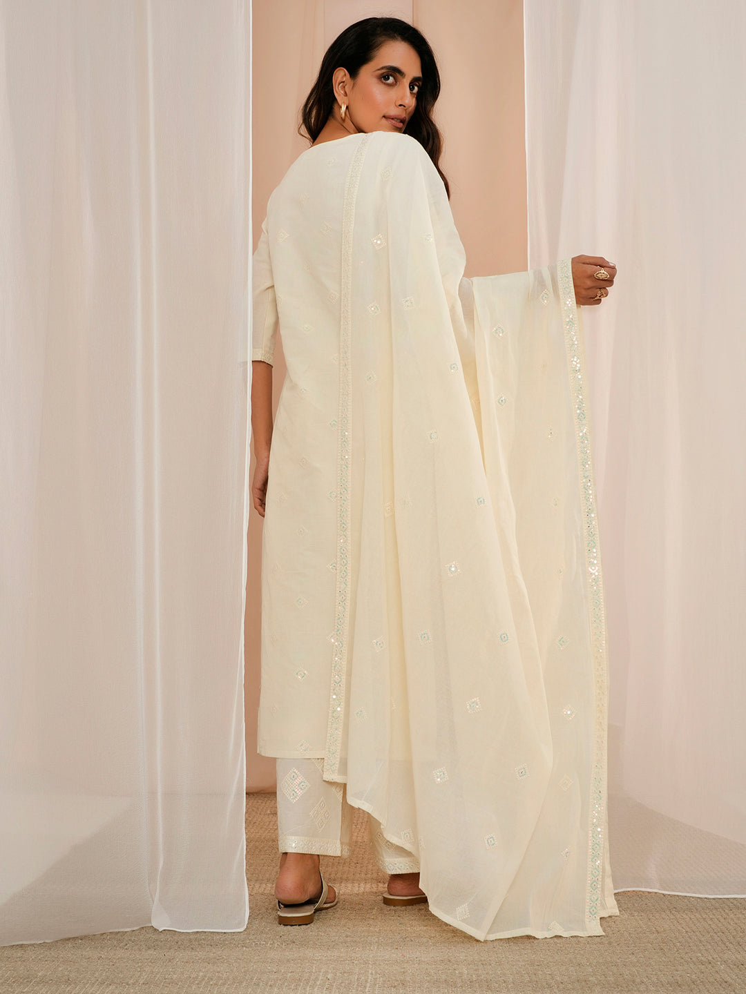 Off White Embroidered Cotton Straight Suit With Dupatta