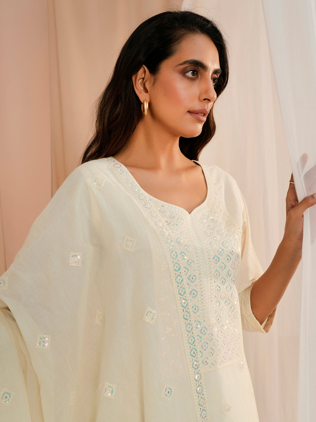 Off White Embroidered Cotton Straight Suit With Dupatta