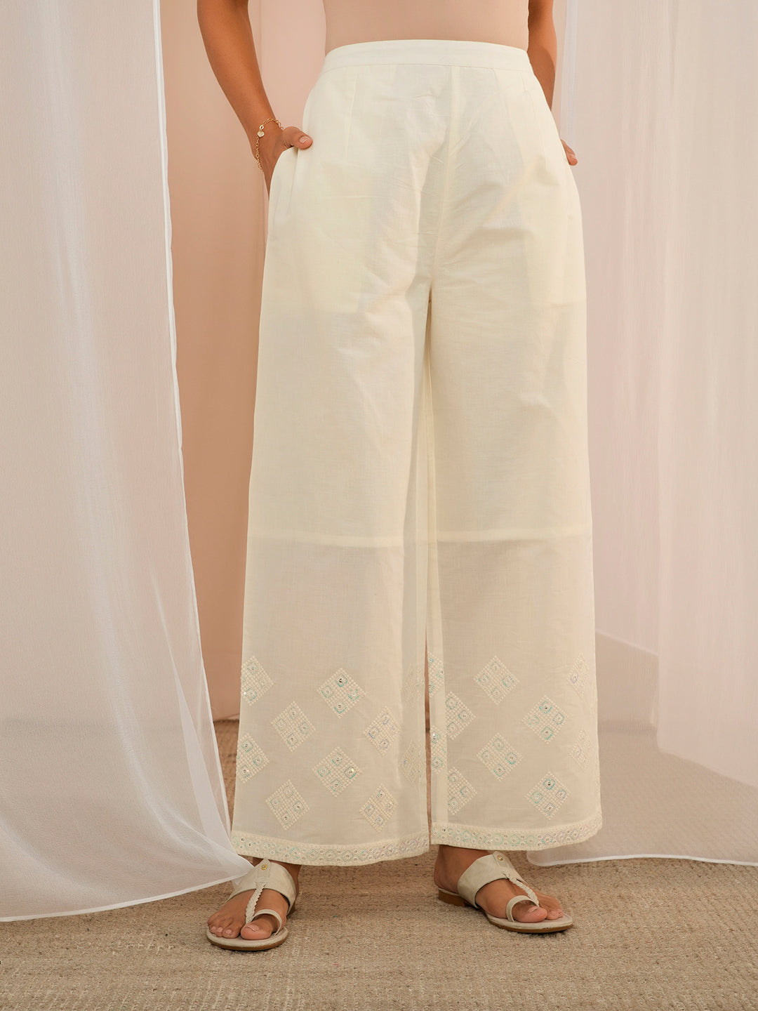 Off White Embroidered Cotton Straight Suit With Dupatta