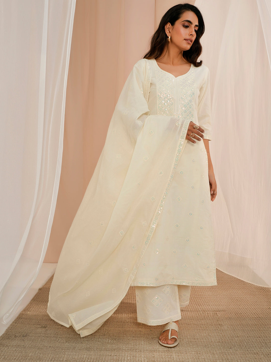 Off White Embroidered Cotton Straight Suit With Dupatta