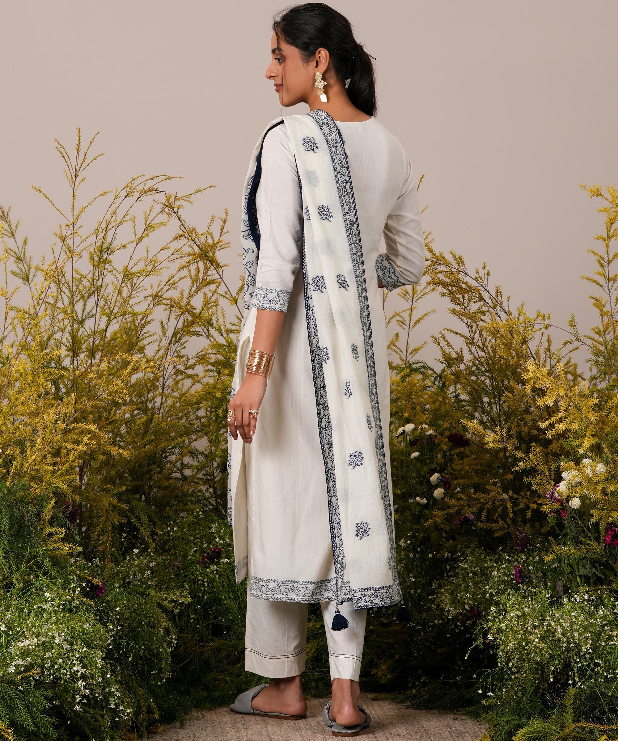 Off White Woven Design Cotton Straight Suit With Dupatta