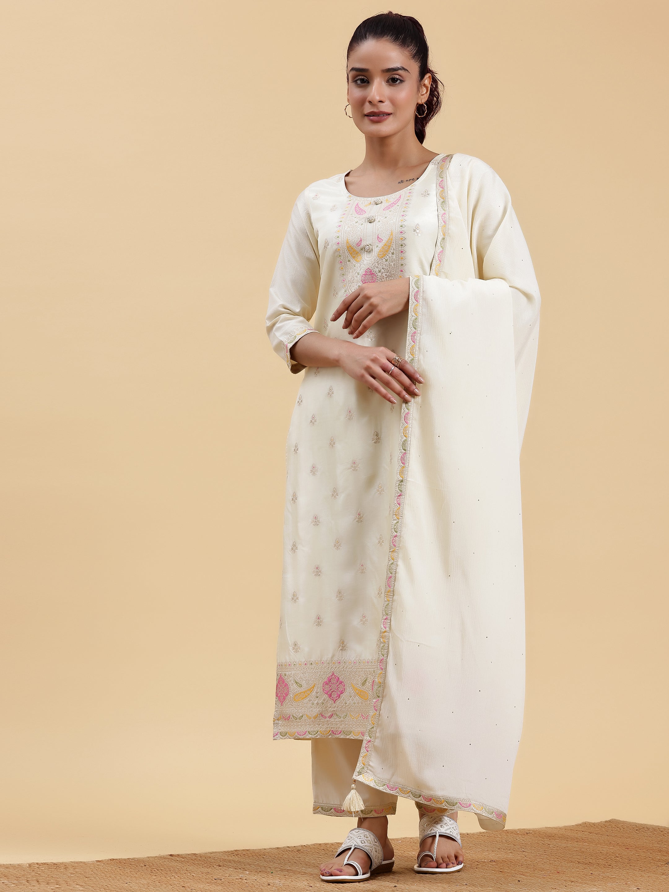 Off White Woven Design Silk Blend Straight Suit With Dupatta