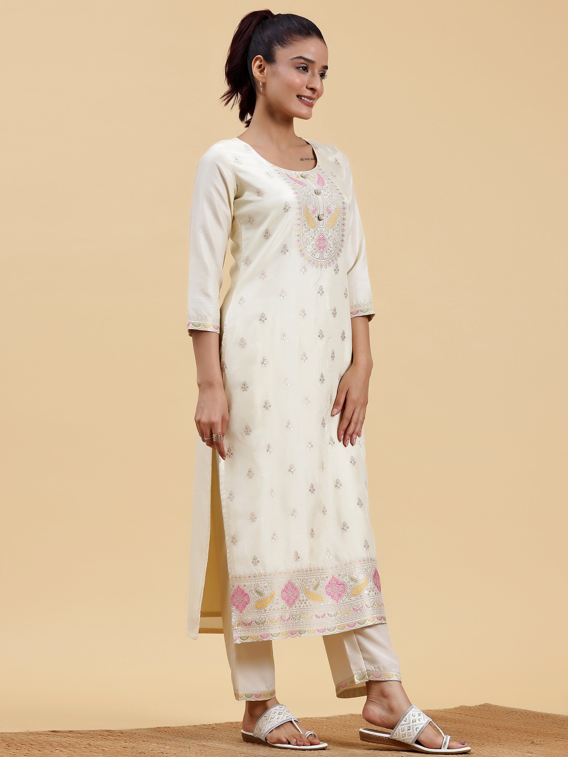 Off White Woven Design Silk Blend Straight Suit With Dupatta