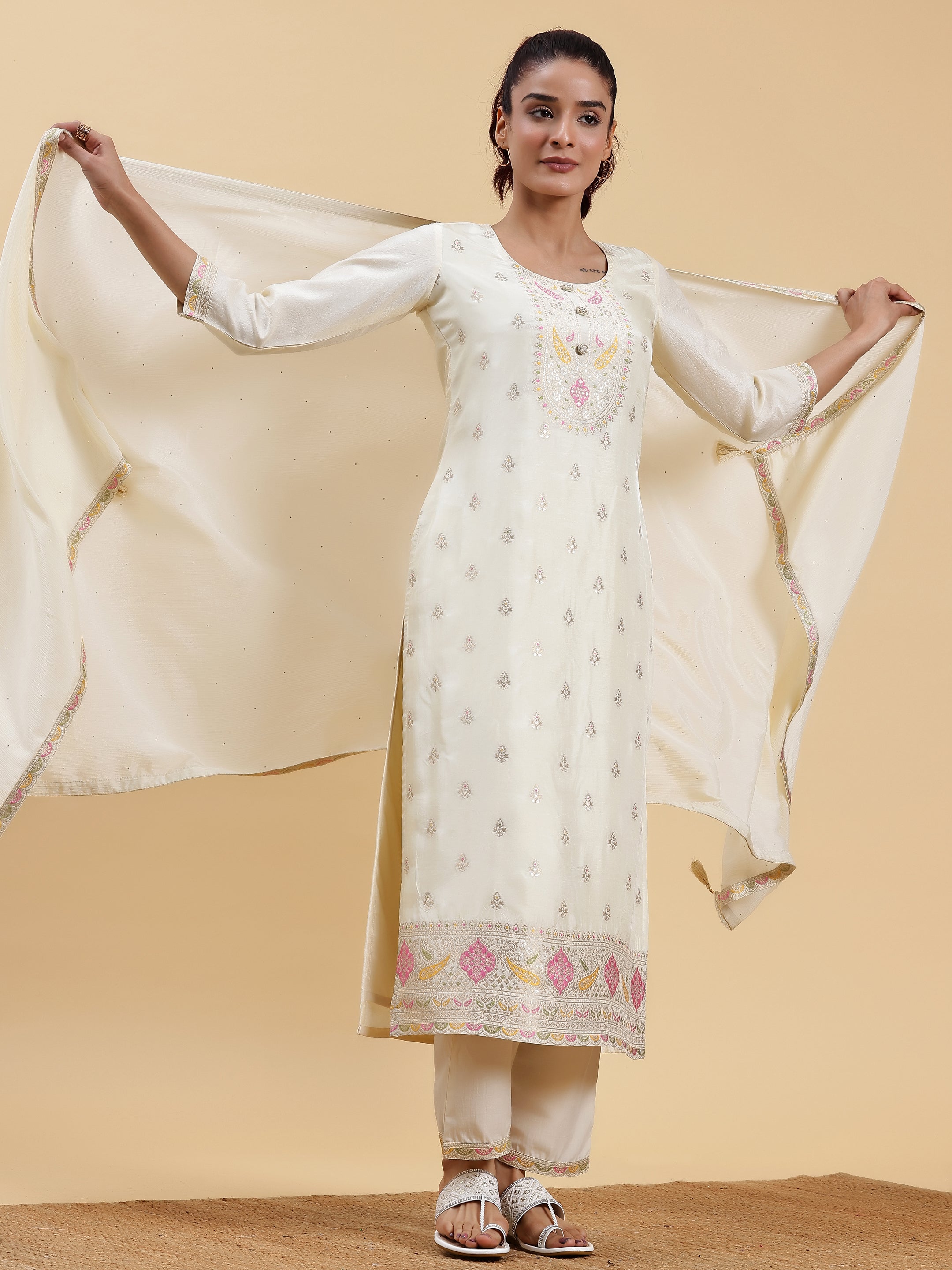 Off White Woven Design Silk Blend Straight Suit With Dupatta