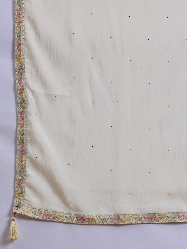 Off White Woven Design Silk Blend Straight Suit With Dupatta