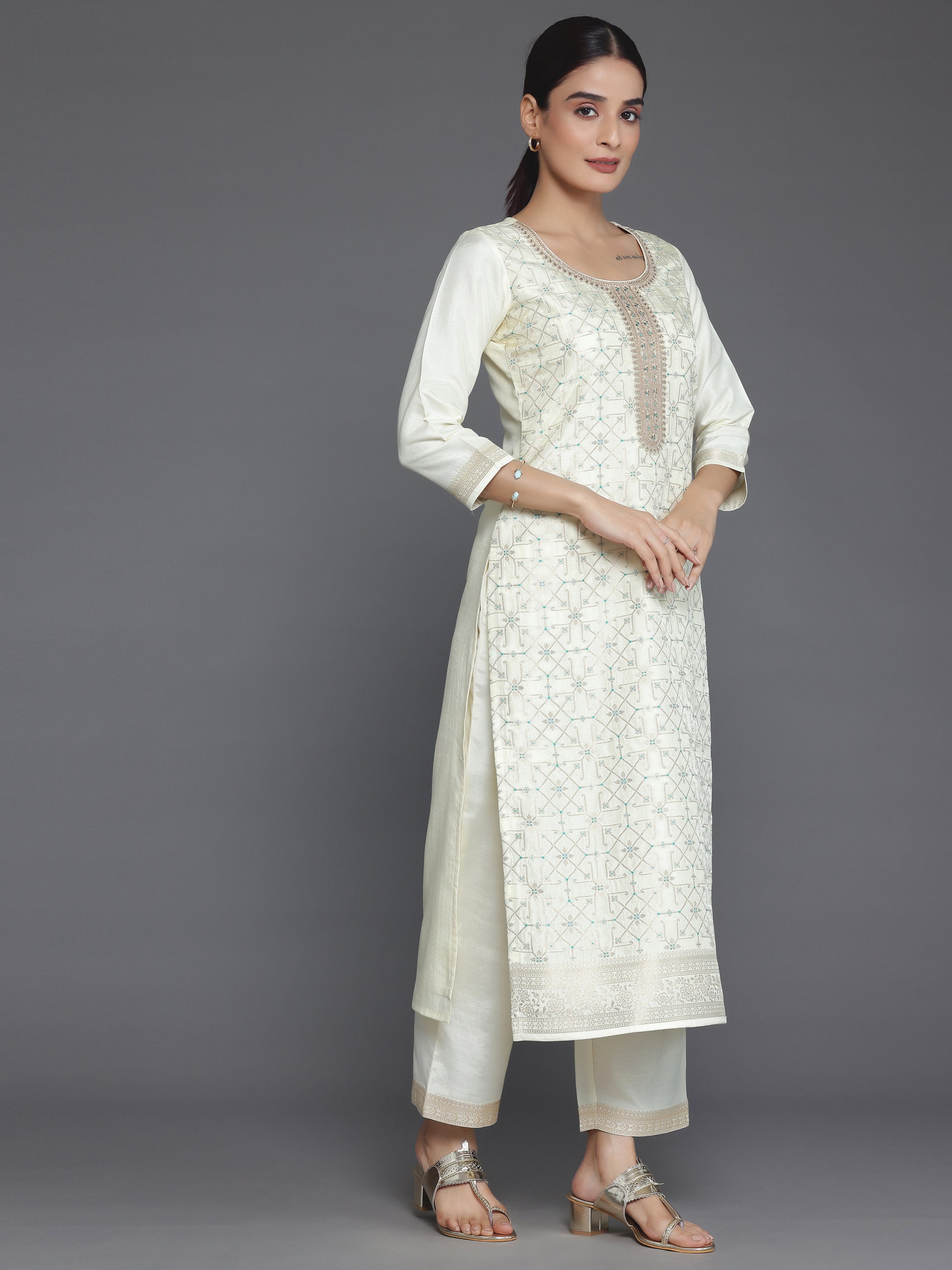 Cream Woven Design Silk Blend Straight Suit With Dupatta