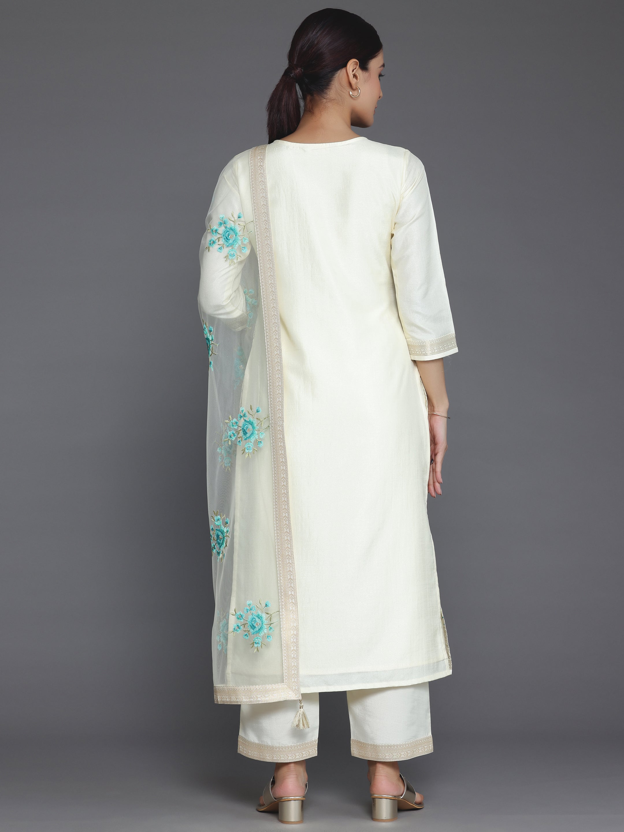 Cream Woven Design Silk Blend Straight Suit With Dupatta