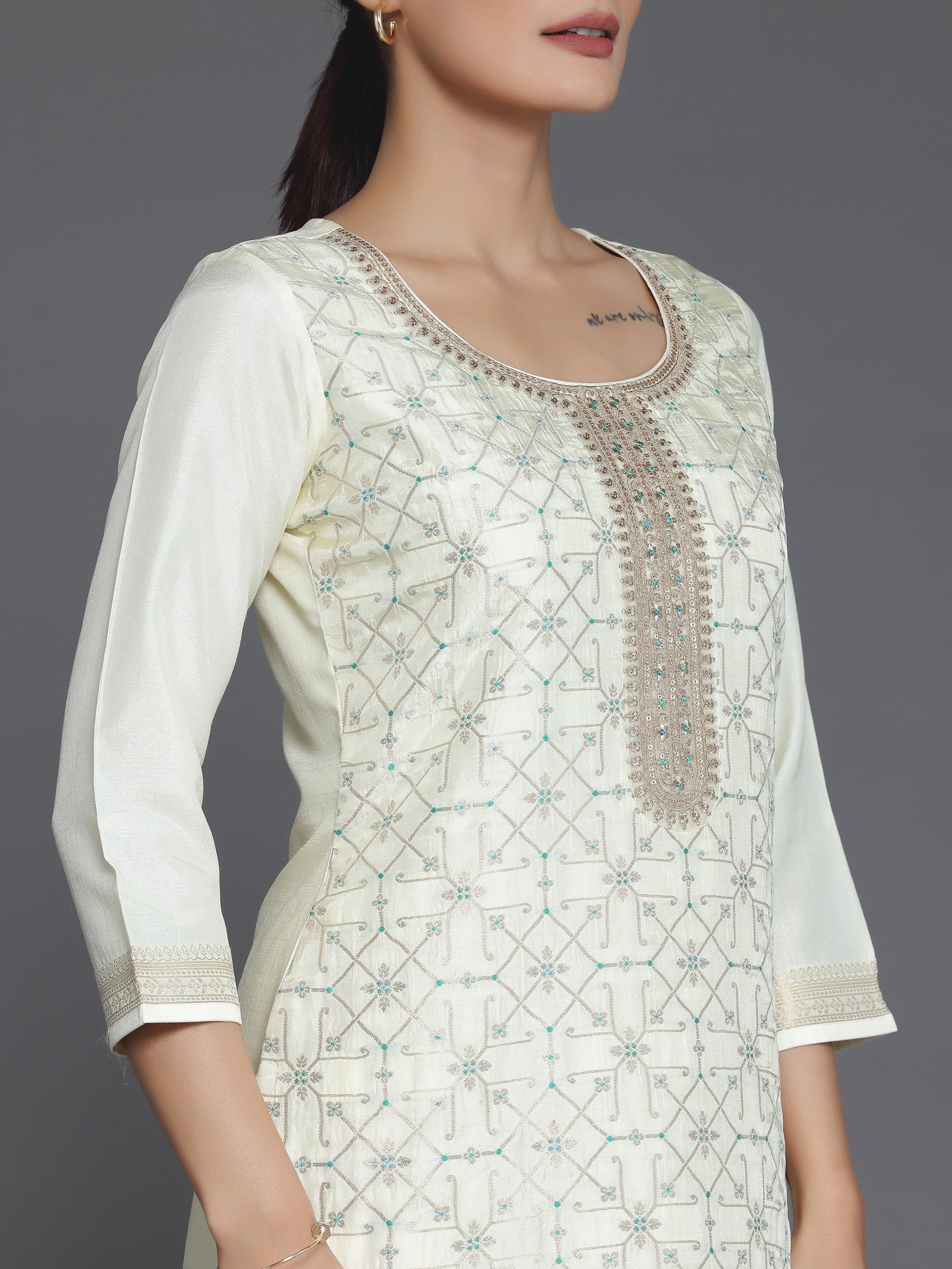 Cream Woven Design Silk Blend Straight Suit With Dupatta