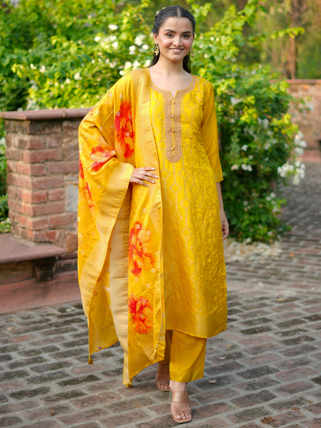 Mustard Woven Design Silk Blend Straight Suit With Dupatta