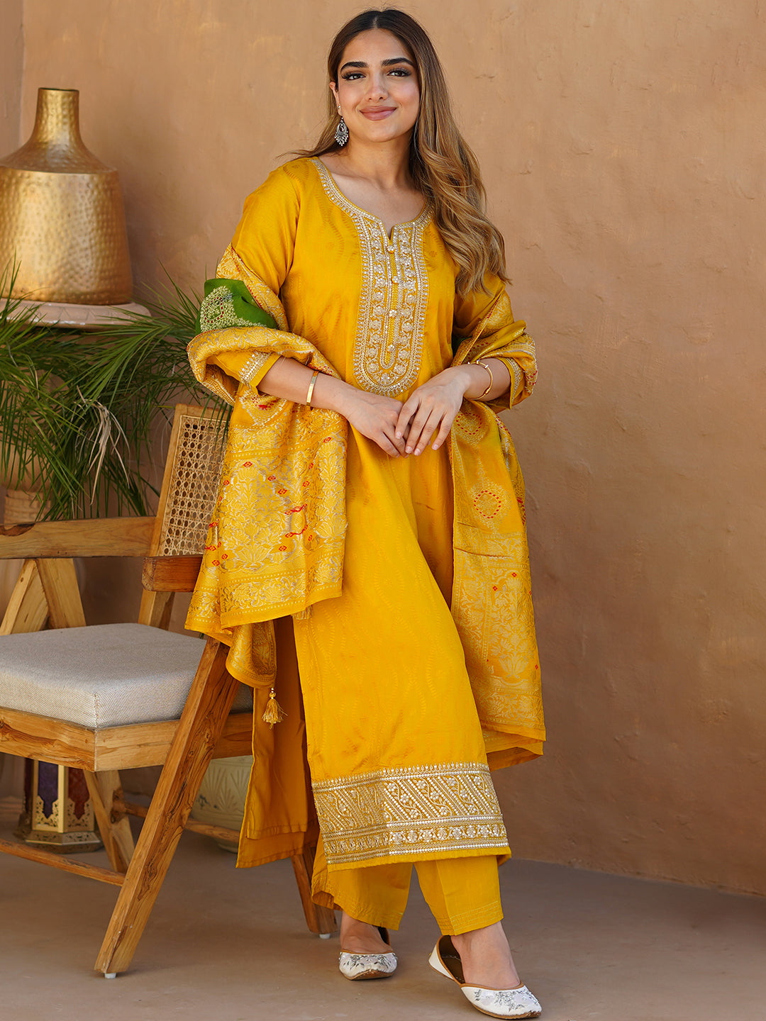 Mustard Woven Design Silk Blend Straight Suit With Dupatta