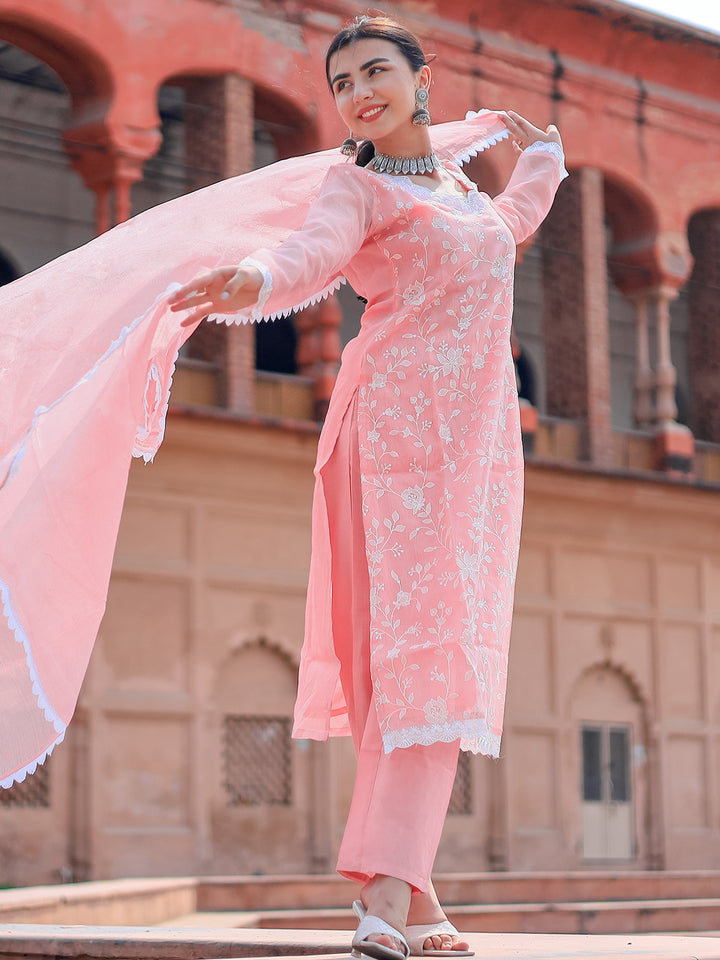 Pink Embroidered Cotton Straight Suit With Dupatta