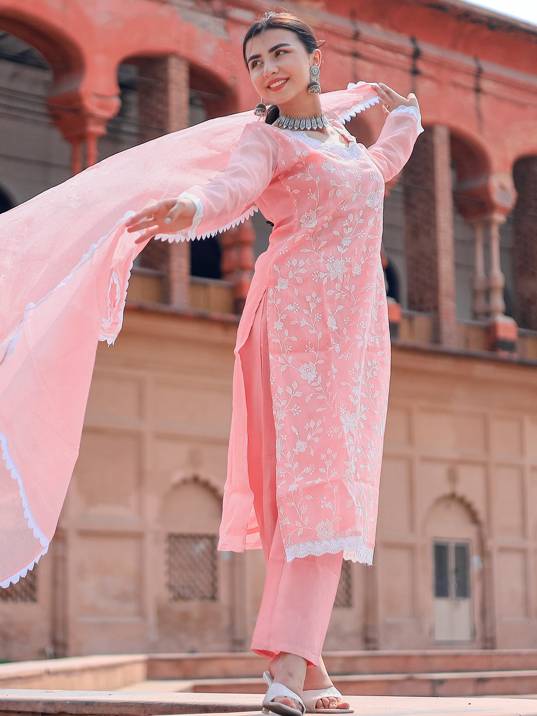 Pink Embroidered Cotton Straight Suit With Dupatta