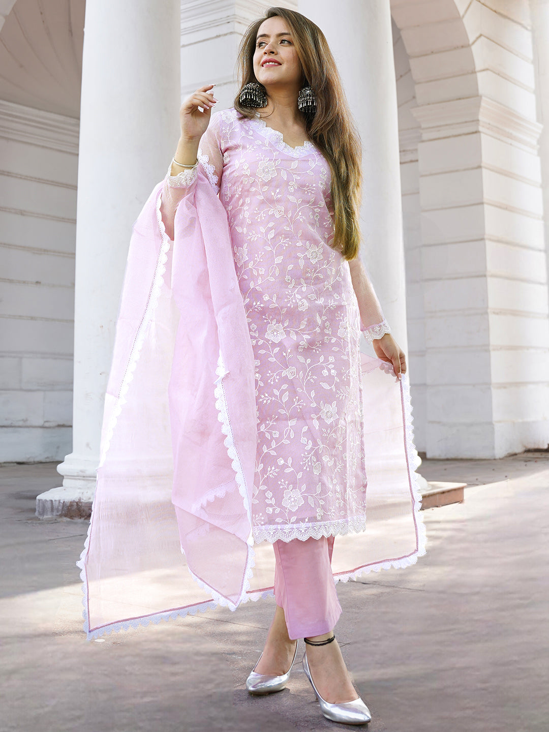 Lavender Embroidered Cotton Straight Suit With Dupatta