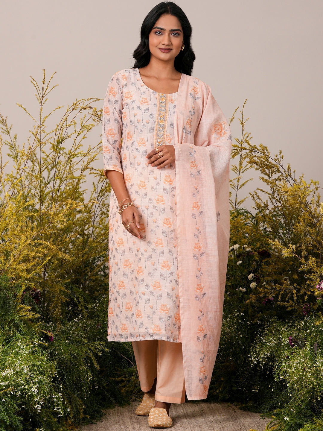 Peach Printed Linen Straight Suit With Dupatta