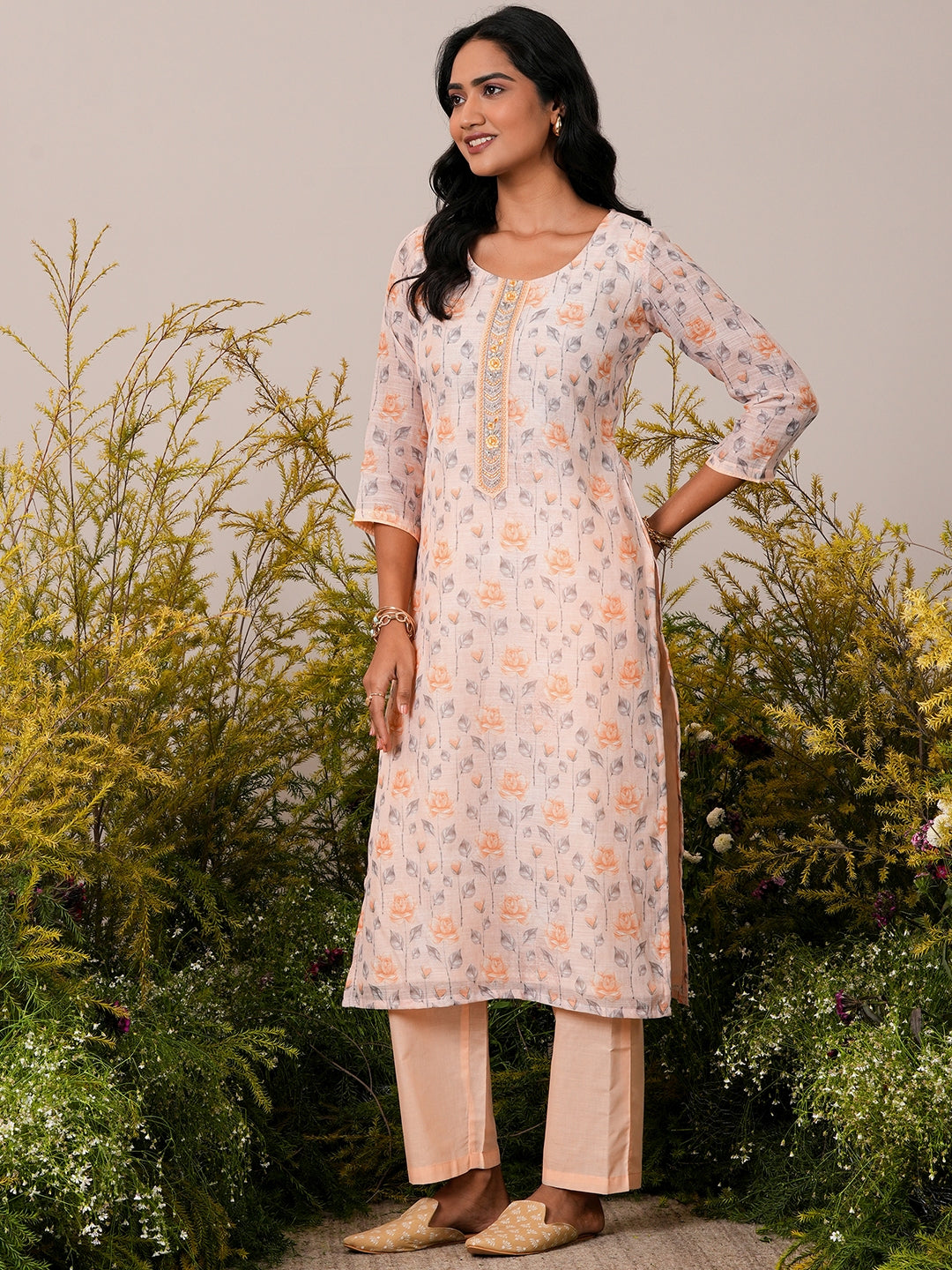 Peach Printed Linen Straight Suit With Dupatta