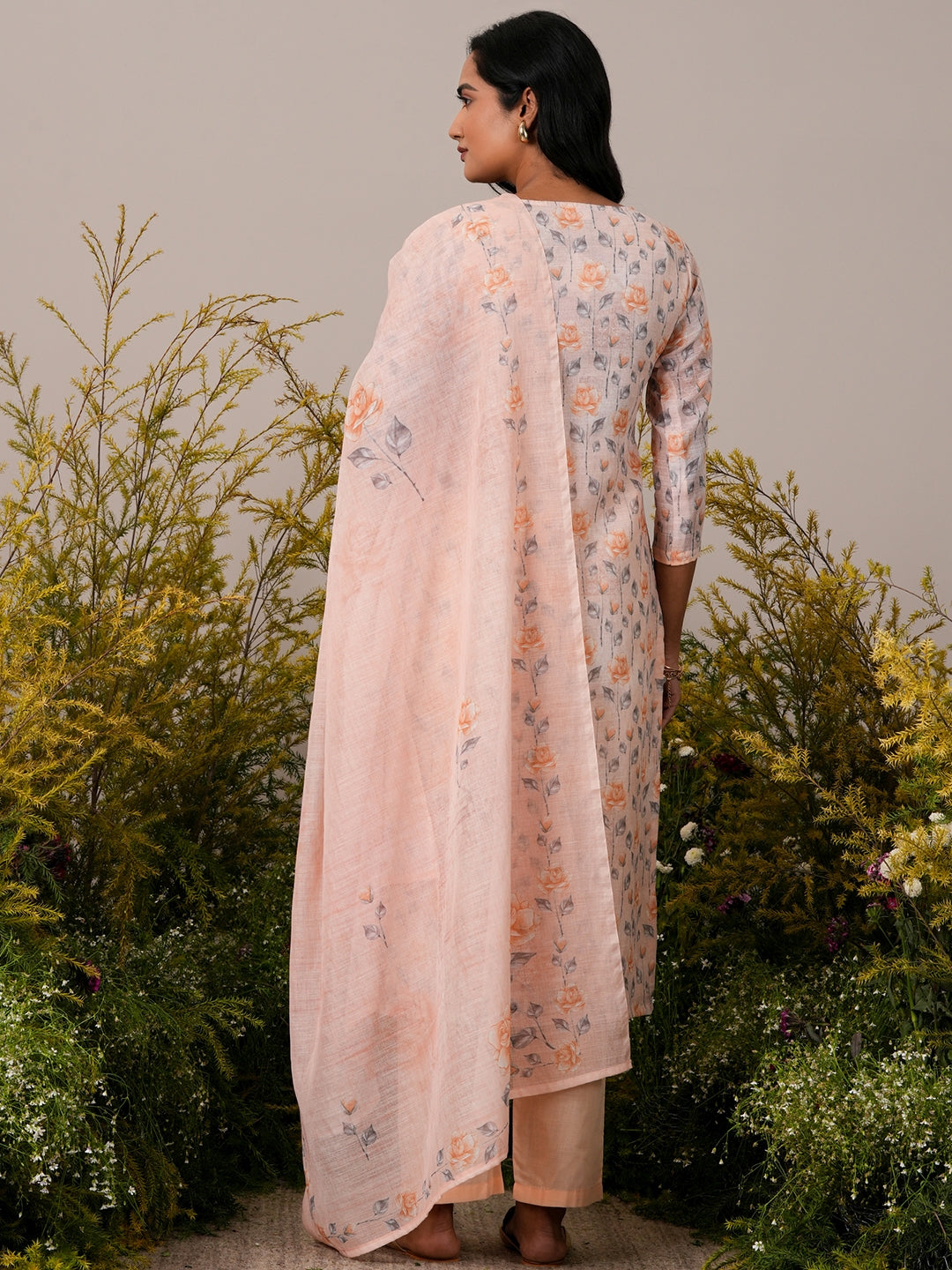 Peach Printed Linen Straight Suit With Dupatta