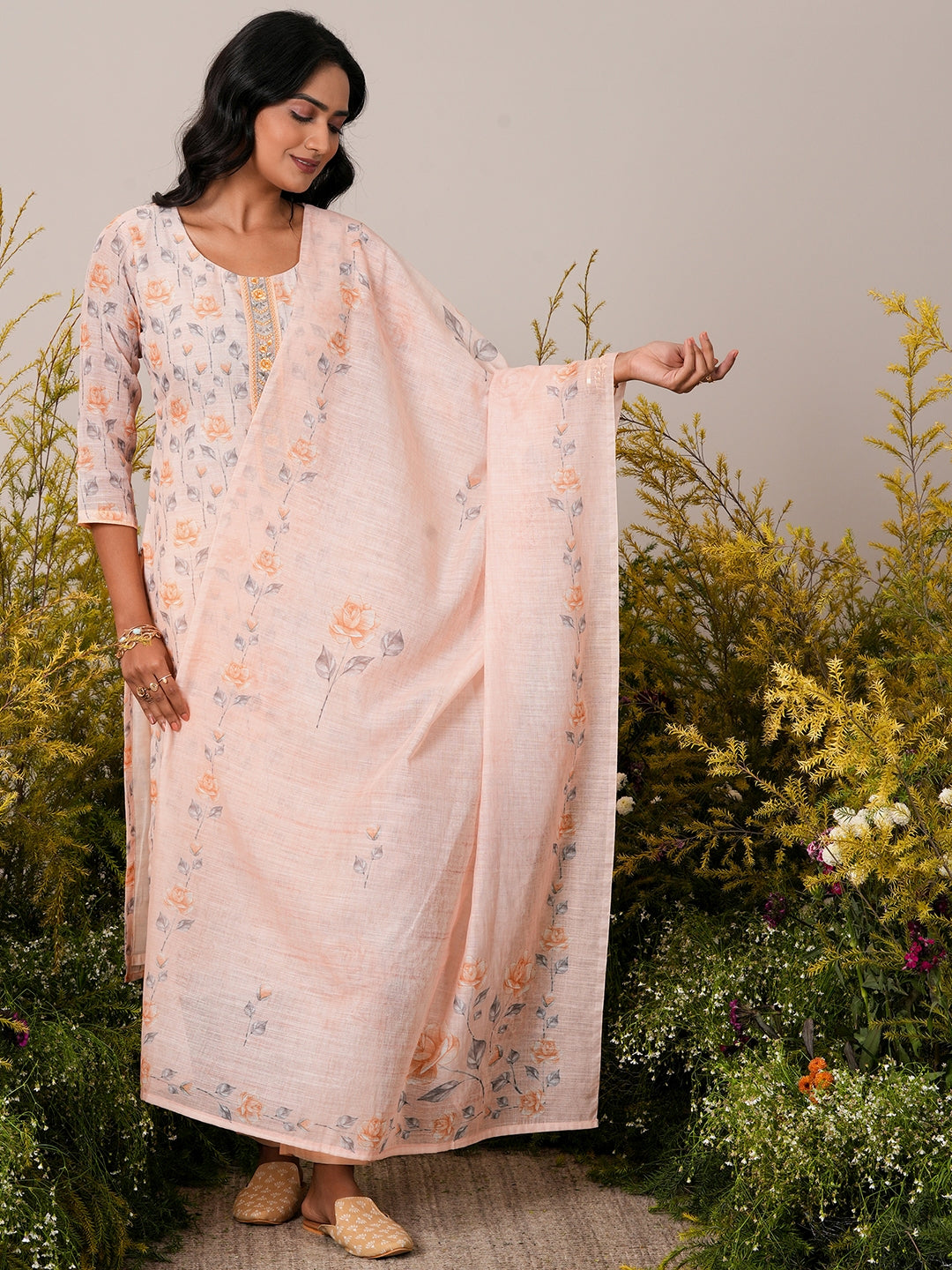 Peach Printed Linen Straight Suit With Dupatta