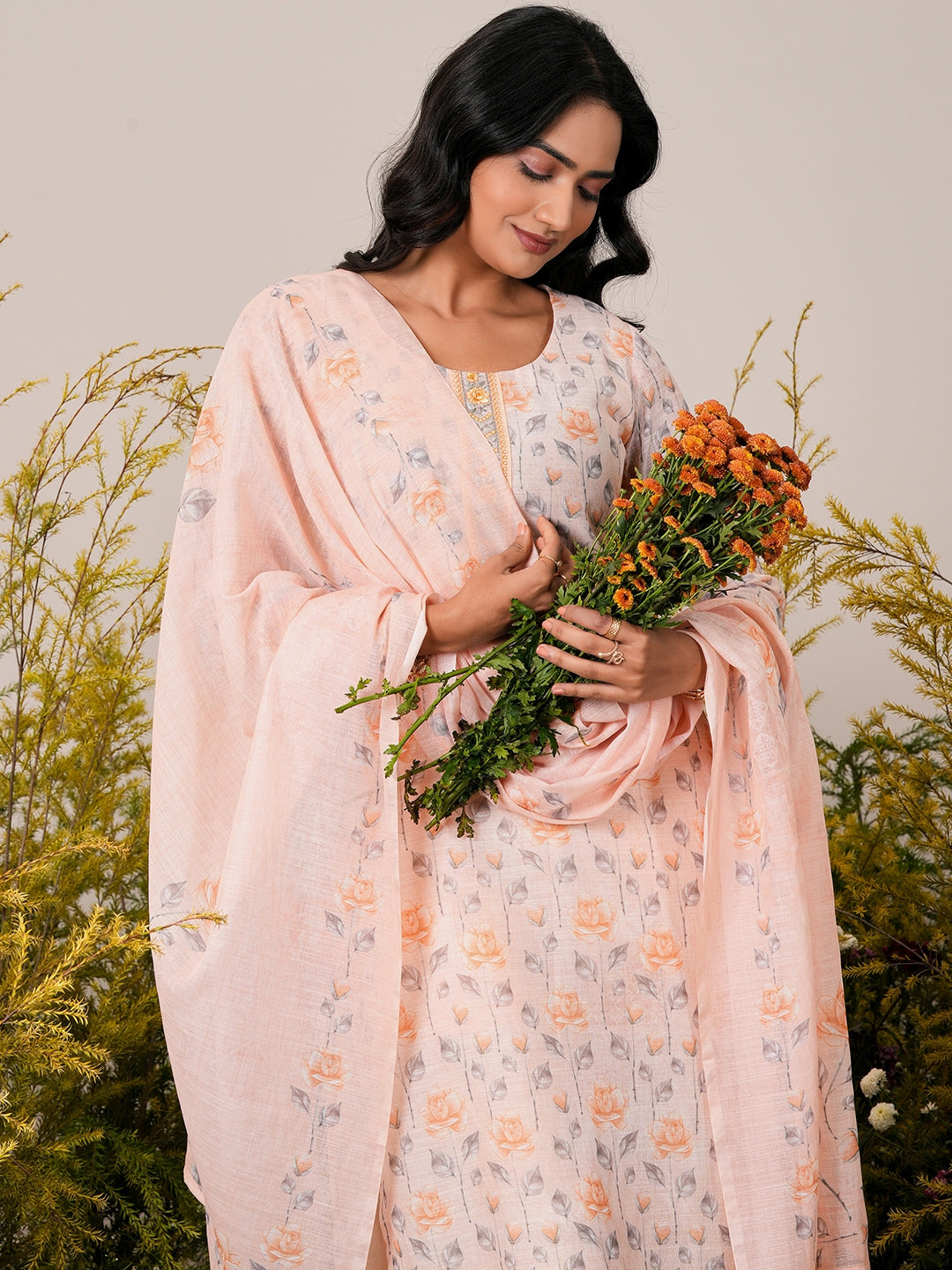 Peach Printed Linen Straight Suit With Dupatta