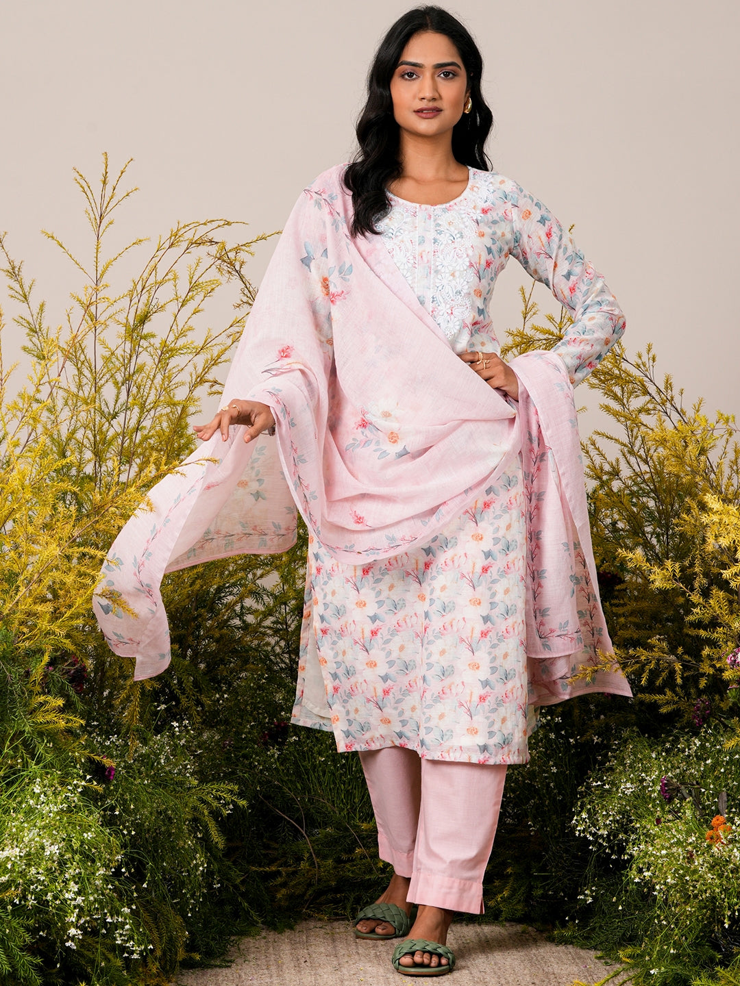 Pink Printed Linen Straight Suit With Dupatta