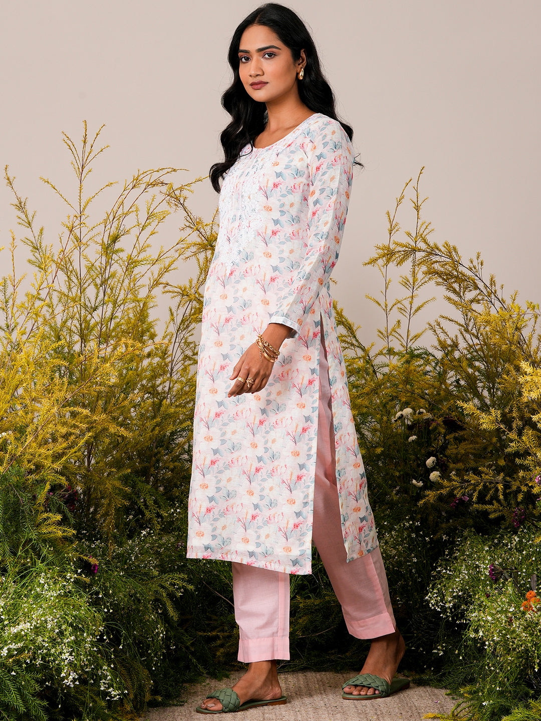 Pink Printed Linen Straight Suit With Dupatta